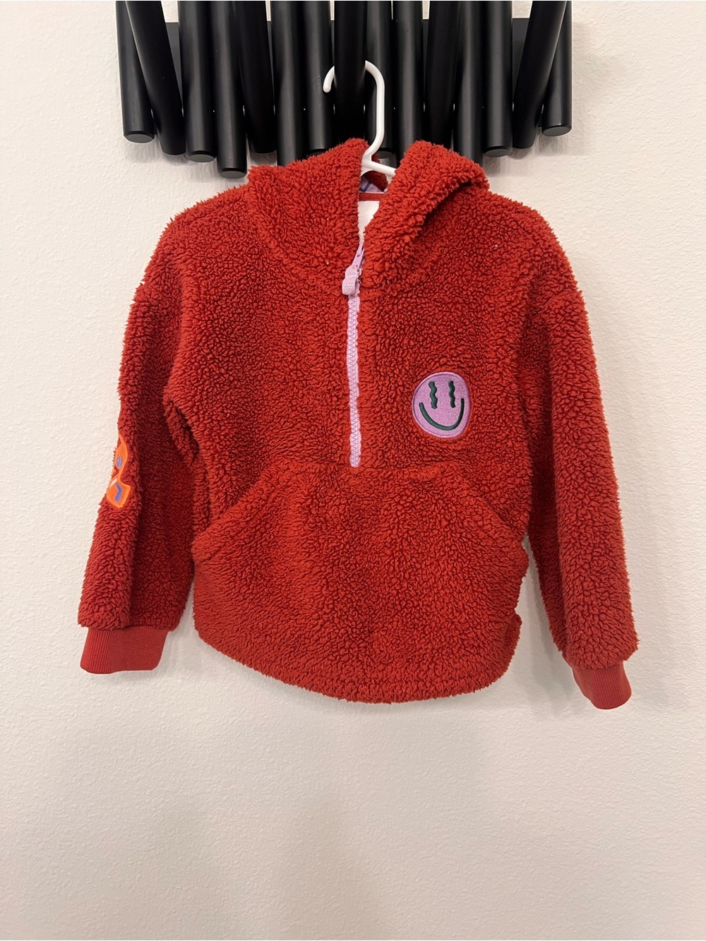 Kids Red Sherpa Hoodie with Smiley Patch